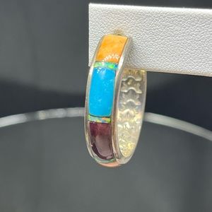 NWOT, American Indian turquoise & spiny oyster shell hoop earrings. Sterling